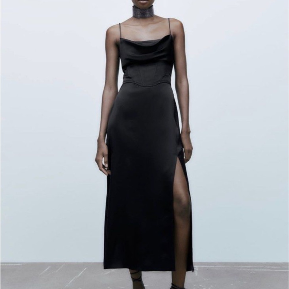 ZARA satin black corset dress with slit, size Small